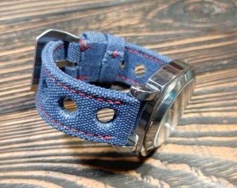 Washed Denim Canvas Watch Strap: Handmade Rally Racing Band