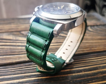 Bracelet de montre en cuir, Bracelet de montre en cuir Buttero, Couleur verte, Bracelet de montre pour 20 mm, 22 mm, 24 mm, 26 mm, 28 mm, taille personnalisée