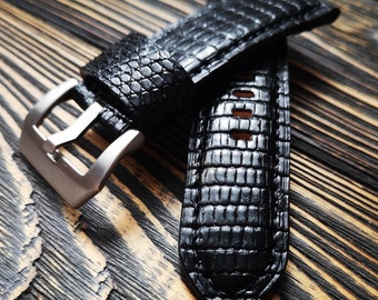 Black Lizard Leather Watch Strap: Custom Size 18-50mm