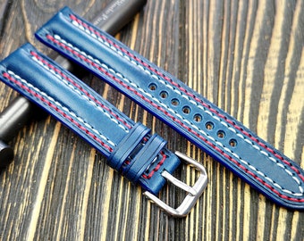 Leather watch strap,Buttero leather watch band,Blue color,double stitching,watch strap for 18mm,20mm,22mm,24mm,26mm,28mm,custom size