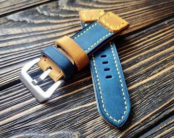 Bracelet de montre en cuir, bracelet de montre en cuir, couleur bleu et jaune, bracelet de montre pour 22 mm, 24 mm, 26 mm, 28 mm, taille personnalisée