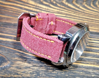 Red Washed Canvas Watch Strap: Double Rolled, Custom Size