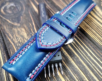 Leather watch strap,Buttero leather watch band,Blue color,double stitching,watch strap for 20mm,22mm,24mm,26mm,28mm,custom size