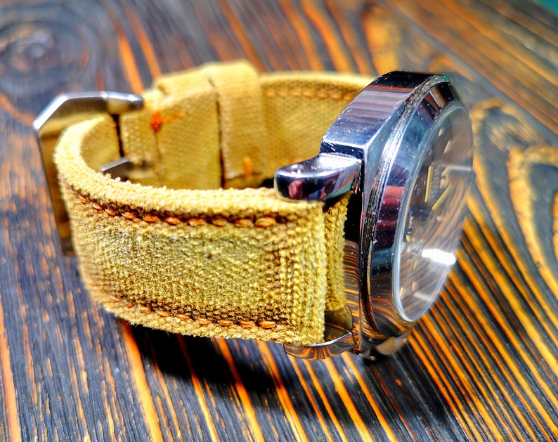 Bracelet de montre en toile,Bracelet de montre en toile lavée double laminé vieilli,couleur moutarde délavée pas jaune,pour 20 mm,22 mm,24 mm,26 mm,28 mm image 3