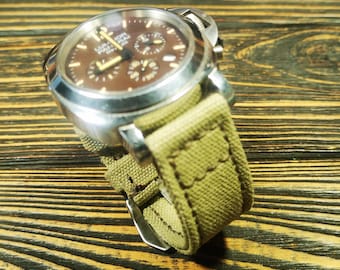 Washed Canvas Watch Strap: Light Khaki with Chocolate Stitch
