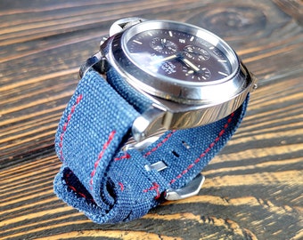 Washed Denim Canvas Watch Strap: Double Rolled, Custom Size