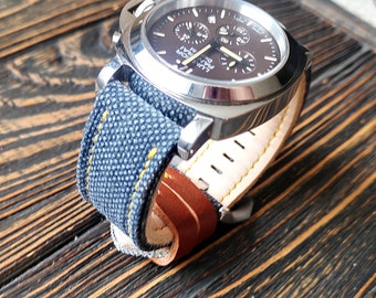 Denim Blue Washed Canvas Watch Strap: Double Rolled, Custom Size