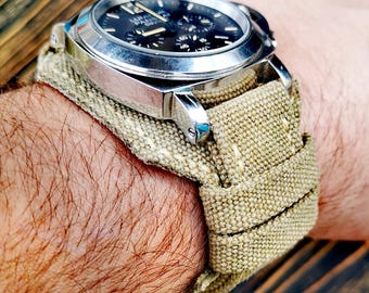 Washed Canvas Watch Cuff: Sand Double Rolled Bund Watch Strap