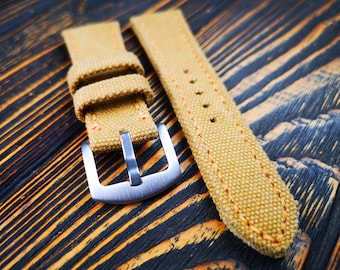 Washed Canvas Watch Strap, Faded Mustard, Double Rolled Band 20mm,22mm,23mm,24mm,26mm-50mm,3.5 mm thick