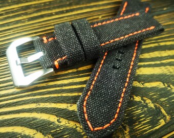 Handmade Black Washed Canvas Watch Strap: Double Rolled Band