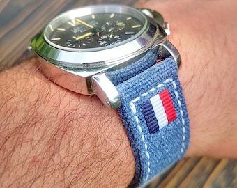 Washed Canvas Watch Strap: Navy Blue Double Rolled Band 20mm,22mm,23mm,24mm,26mm-50mm