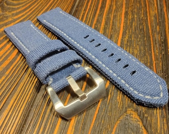 Washed Canvas Fully Padded Watch Strap: Navy Blue color watch band, Double Rolled - 5 mm thickness watch strap for 18mm,20mm,22mm,24mm-50mm
