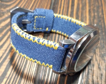 Washed Denim Canvas Watch Strap: Double Rolled, Custom Size