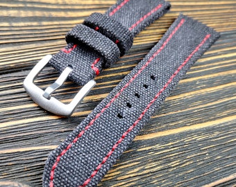 Black Washed Canvas Watch Strap: Double Rolled, Custom Size 20mm,22mm,23mm,24mm,26mm-50mm