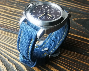 Padded Washed Canvas Watch Strap: Navy Blue, Custom Size