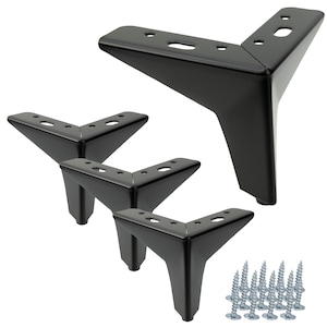 May include: Set of four black metal furniture legs with a triangular shape. Each leg has four screw holes and comes with screws for installation.