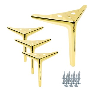 Könnte beinhalten: Satz mit vier goldenen Möbelbeinen aus Metall mit dreieckiger Form und spitzer Spitze. Die Beine sind 15 cm hoch und werden mit Schrauben zur Montage geliefert.