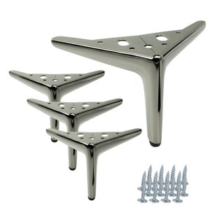 May include: Set of four silver metal triangular furniture legs with a pointed tip. The legs are 6 inches tall and come with screws for installation.