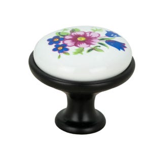 Eleganter schwarzer Retro-Möbelknopf mit Keramik und floralem Muster – die perfekte Ergänzung für jedes Interieur.