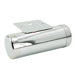 Könnte beinhalten: Ein glänzendes, verchromtes Möbelbein mit zylindrischem Körper und einer quadratischen Montageplatte. Das Bein ist für die Möbelunterstützung konzipiert und hat eine polierte, reflektierende Oberfläche. Die Montageplatte hat mehrere Löcher zur sicheren Befestigung.