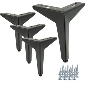 Könnte beinhalten: Vier schwarze Metallmöbelfüße mit dreieckiger Oberseite und sich verjüngenden Beinen. Jeder Fuß hat vorgebohrte Löcher für eine einfache Installation. Ein Satz silberner Schrauben ist für die Montage enthalten.