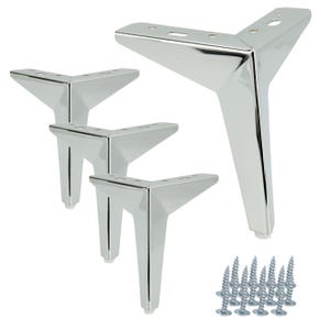 Puede incluir: Un juego de cuatro patas de mueble cromadas con un diseño moderno y angulado. Cada pata tiene una parte superior triangular con agujeros pretaladrados y una sola pata cónica. Incluye un juego de tornillos plateados para la instalación.