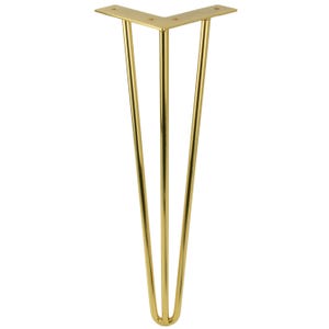 Può includere: Un gamba da tavolo a forcina dorata con tre sottili aste di supporto angolate. La gamba ha una piastra di montaggio piatta con fori preforati per un facile fissaggio. La gamba in metallo ha una finitura lucida. Altezza: circa 30 cm.