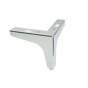 Peut inclure: Un pied de meuble chromé brillant, de forme triangulaire. Il présente une face avant incurvée et un dessus plat percé de trous pour la fixation. Un petit pied blanc est visible en bas. Idéal pour les projets de bricolage.