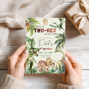 Two Rex Birthday Invitation | Digital invite editable with canva