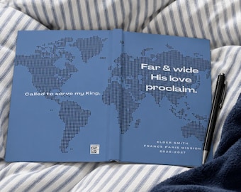 Diario misionero personalizado de tapa dura, regalo para misioneros, cuaderno de despedida de la misión para élderes, recuerdo personalizado SUD, libro de viaje con mapa del mundo y renglones.