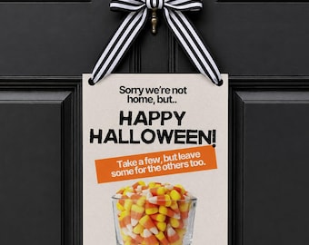 Letrero de puerta de Halloween para imprimir "Lo sentimos, no estamos en casa" - Cuenco de dulces para truco o trato - Exhibición en el porche - Descarga instantánea - Decoración digital imprimible