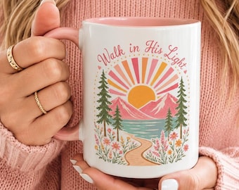 Taza de café con versículo bíblico, taza cristiana rosa con escena de lago y montaña, vajilla de cerámica inspirada en la fe, regalo para amigos, compañeros de trabajo, oración devocional