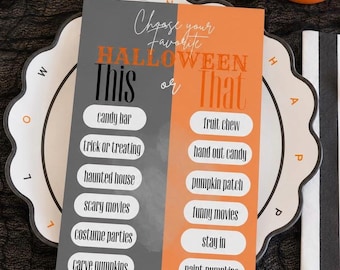 Juego de fiesta de Halloween Esto o aquello Imprimir Actividad divertida para niños Festival escolar de octubre Carnaval de otoño Niños Llama la atención Noche de Boo Familia
