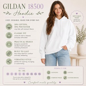 K&ouml;nnte beinhalten: Ein einfarbiger wei&szlig;er Kapuzenpullover mit einer K&auml;ngurutasche auf der Vorderseite und passenden Kordelz&uuml;gen. Das Bild enth&auml;lt Text, der Produktmerkmale wie den Stoff aus 50% Baumwolle und 50% Polyester, eine klassische Passform und eine doppelt gef&uuml;tterte Kapuze beschreibt.