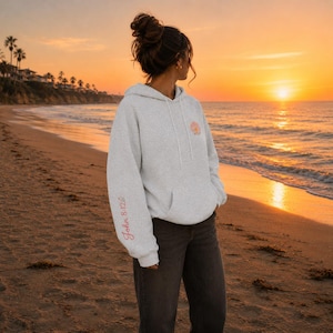 Youth Camp Faith Hoodie Christian Sweatshirt Teen Girl Bible Verse Scripture Design Walk In His Light Theme Inspirational Clothing Gift Teenage Daughter Spiritual Wear Mountain Lake Scene Floral Details Soft Comfortable Cotton Poly Blend