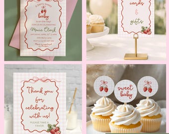 Strawberry Baby Invitation Shower Bundle Gingham Baby Shower Invite Girl Party Printable Signs Welcome Digital Invite Editable Custom