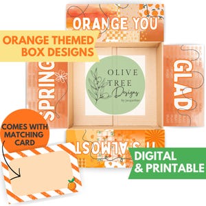 May include: An open orange-themed box with matching card. The box features the text "ORANGE YOU" and "SPRING". The card has orange and white stripes. The box has the text "OLIVE TREE Designs by Jacqueline" and "DIGITAL & PRINTABLE".