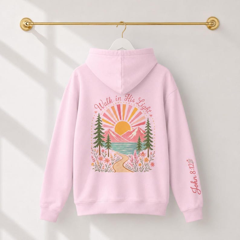 Bible Verse Sweatshirt John 8:12 Scripture Design Walk In His Light Christian Hoodie Teen Girl Youth Camp Faith Wear Inspirational Message Mountain Lake Scene Floral Details Soft Comfortable Cotton Poly Blend Perfect Gift Teenage Daughter