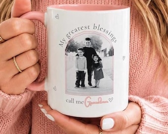 Taza de café personalizada para abuela, regalo para abuelo, foto, regalo personalizado para abuelos, recuerdo de cumpleaños, vajilla de cerámica con asa de color rosa.