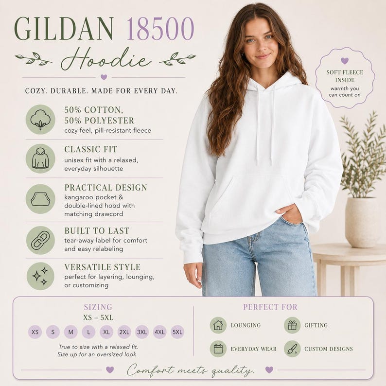 May include: A plain white hooded sweatshirt with a front kangaroo pocket and matching drawcords. The image includes text detailing product features such as 50% cotton and 50% polyester fabric, a classic fit, and a double-lined hood for this Gildan 18500 hoodie.