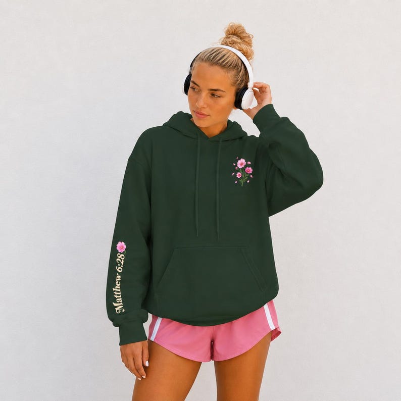 Faith Based Apparel Christian Hoodie Teen Girl Youth Women Pink Floral Scripture Clothing Matthew Verse Bible Passage Soft Comfortable Sweatshirt Inspirational Pullover Religious Gift Best Friend Present Beautiful Design Details Casual