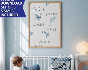Nursery Wall Art Christian Wall Bible Verse Prints Boys Room Wall Jonah Whale Ocean Animal Playroom Blue Baby Bedroom Scripture Poster Kids