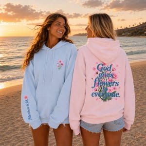 Teen Girl Christian Sweatshirt Pink Floral Faith Hoodie Matthew Verse Scripture Apparel Bible Passage Clothing Women Soft Comfortable Pullover Inspirational Religious Gift Best Friend Present Beautiful Back Front Design Casual Wear