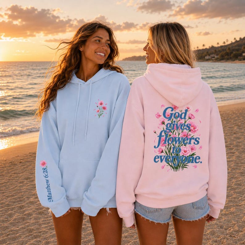 Teen Girl Christian Sweatshirt Pink Floral Faith Hoodie Matthew Verse Scripture Apparel Bible Passage Clothing Women Soft Comfortable Pullover Inspirational Religious Gift Best Friend Present Beautiful Back Front Design Casual Wear