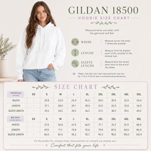 May include: A Gildan 18500 hoodie size chart displaying width, length, and sleeve length measurements in inches and centimeters. The chart includes sizes from XS to 5XL, with instructions on how to measure the garment while laid flat.