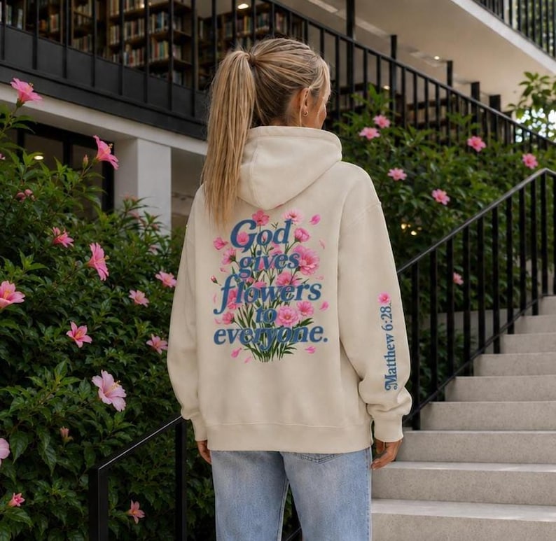Christian Faith Hoodie Teen Girl Sweatshirt Pink Floral Design Matthew Verse Scripture Clothing Bible Passage Inspirational Apparel Soft Comfortable Pullover Women Religious Gift Best Friend Present Back School Casual Wear Beautiful