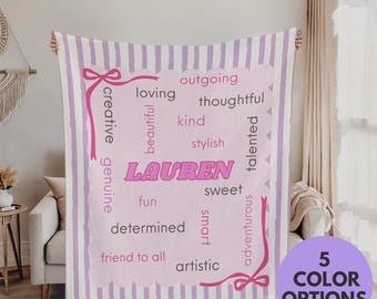 Custom Blanket Personalized Teen Gift for Daughter Bedroom Throw Striped Blanket Bow Velveteen Plush Coverlet Soft Cozy Monogrammed Youth