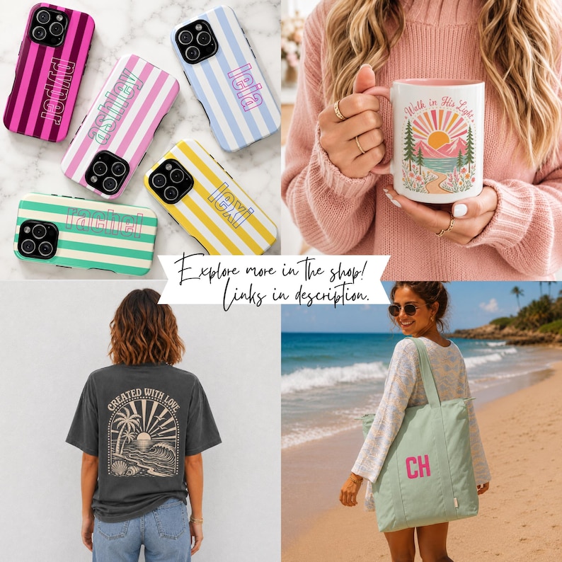 K&ouml;nnte beinhalten: Eine Sammlung personalisierter Handyh&uuml;llen mit Streifenmuster, ein wei&szlig;er Keramikbecher mit Sonnenaufgangs- und Bergmotiv, ein dunkelgraues T-Shirt mit Strandaufdruck und eine hellgr&uuml;ne Tragetasche mit rosafarbenen monogrammierten Buchstaben.