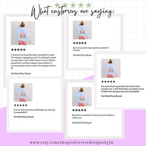 May include: A collage of five customer reviews for a light blue hooded sweatshirt featuring a graphic print of a sun, mountains, and trees on the back. Each review includes a five-star rating, text feedback, and the label Verified Etsy Buyer.