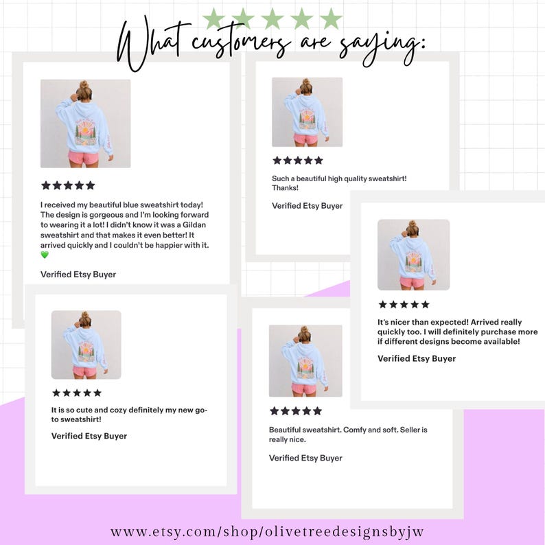 May include: A collage of five customer reviews for a light blue hooded sweatshirt featuring a graphic print of a sun, mountains, and trees on the back. Each review includes a five-star rating, text feedback, and the label Verified Etsy Buyer.